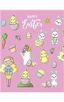 Happy Easter: Cute Kawaii Easter Bunny Cartoon with Lettering, Pink Sticker Book & Sketchbook Activity Book for Kids, Blank Pages Large Notebook