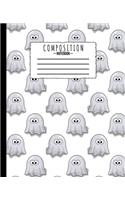 Composition Notebook: Boo Ghost White Pattern 7.5 x 9.25 in - 110 Pages - Wide Ruled - Black Lined Paper Journal - For Kids Back to School, Classwork, Homework, Journal E