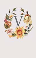 V: Pink Monogram Sketchbook - 110 Sketchbook Pages (6 x 9) - Sunflower Watercolor Monogram Sketch Notebook - Personalized Initial Letter Journal - Mono