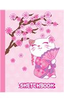 Sketchbook: Cute Blank Notebook for Sketching and Picture Space with Kawaii Japanese Cat Geisha in Kimono, Unlined Paper Book for Drawing, Journaling and Doodli