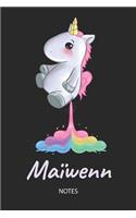 Maïwenn - Notes: Noms Personnalisé Carnet de notes / Journal pour les filles et les femmes. Kawaii Licorne pétant arc-en-ciel. Accessoires de licorne amusants et fou