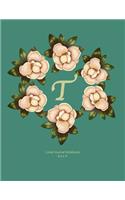 Lined Journal Notebook: T: Monogram with Magnolia Wreath. Original Artwork, Soft teal covered Journal, 110 lined pages 8.5x11