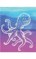 White Octopus & Water Color Waves Cute Girls Composition Blank Line School Notebook