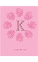 K: Monogram Initial K Letter Ruled Notebook for Women, Girl and School, Pink Floral Cover 8.5'' x 11'', 100 pages