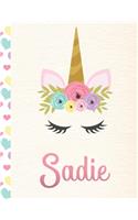 Sadie: Personalized Unicorn Primary Handwriting Notebook For Girls With Pink Name - Dotted Midline Handwriting Practice Paper - Kindergarten to Early Child