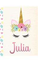 Julia: Personalized Unicorn Primary Handwriting Notebook For Girls With Pink Name - Dotted Midline Handwriting Practice Paper - Kindergarten to Early Child