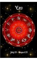 Zodiac Journal - Leo July 23 - August 23: Red Zodiac Wheel on Black Starry Background - Customized Interior Journal