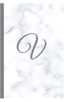 V: Letter V Monogram Marble Journal with White & Grey Marble Notebook Cover, Stylish Gray Personal Name Initial, 6x9 Inch Blank Lined College Ruled Dia