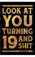 Look at You Turning 19 and Shit: Funny Wide Lined Notebook Birthday Gift for 19 Years Old Gold