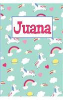 Juana: Personalized Named Unicorn Journal Notebook Pretty Magical Rainbows & Hearts Cover for Women and Girls Lined Pages