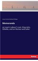 Memoranda: on Love's Labour's Lost, King John, Othello, and on Romeo and Juliet