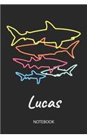 Lucas - Notebook: Blank Lined Personalized & Customized Name 80s Neon Retro Shark Notebook Journal for Men & Boys. Funny Sharks Desk Accessories Item for 1st Grade / 