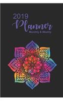 2019 Planner: Bright Mandala with Purple Lettering Dated Daily, Weekly, Monthly, Yearly Planner with To-Do, Gratitude, Habit Tracker, Dot Grid to Use as Organizer