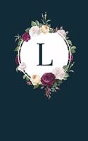 L: 110 Sketchbook Pages (6 x 9) - Monogram Sketch Notebook with a Navy Blue Background Vintage Floral Roses and Peonies Design - Personalized Initial L