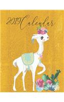 2019 Calendar: Watercoulor Llama with Inspirational Quotes on Yellow Textured Wall Cover