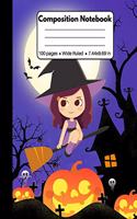 Composition Notebook: Awesome Halloween Gifts for Girls and Women: Cute Purple Halloween Girl on Broom, Composition Book, Back to School Work or Home, 100 pages