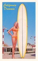 Vintage Journal Blonde Woman with Tall Surfboard, California