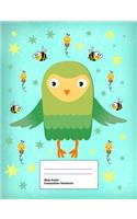 Wide Ruled Composition Notebook: Writing Book Journal, Soft Cover, Blank Lined Paper, 200 Pages, Cute Animal Designs Owl Birds Bees for Kids Green