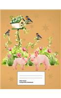 Wide Ruled Composition Notebook: Writing Book Journal, Soft Cover, Blank Lined Paper, 200 Pages, Cute Animal Designs Pigs and Birdhouses for Kids Yellow