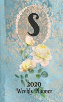 Plan On It Large Print 2020 Weekly Calendar Planner 15 Months Notebook Includes Address Phone Number Pages - Monogram Letter S: January 2020 through March 2021: Blue and Peach Damask Lace with Yellow Roses on Glossy Cover