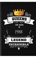 Queens Are Born In 1988 Legend Incredible: Practical Birthday Month Year Lined Notebook/ Blank Journal For Wife Husband Anniversary, Inspirational Saying Unique Special Birthday Gift Idea Per