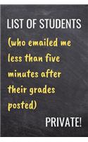 List of Students Who Emailed Me Less Than Five Minutes After Their Grades Posted