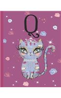 Q: Kitty Cat Journal, personalized monogram letter Q blank lined diary with interior pages decorated with kitty cats and flowers.