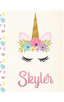 Skyler: Personalized Unicorn Primary Handwriting Notebook For Girls With Pink Name - Dotted Midline Handwriting Practice Paper - Kindergarten to Early Child