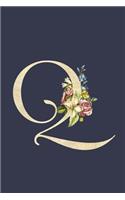 Q: Navy Blue & Gold Monogram Q Initial Flower Journal For Women And Girls, Botanical Flower Floral Decor, 6 x 9 Journal Notebook Diary For Writing Mono