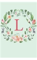 L: A Mint Green Floral Wreath Monogram Sketchbook - 110 Sketchbook Pages (6 x 9) - Floral Watercolor Monogram Sketch Notebook - Personalized Initial Le