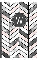 W: Stylish Chevron Letter W Monogram, Pink Grey & White Marble Journal 6x9 Inch Blank Lined College Ruled Notebook 120 Page Perfect Bound Glossy Soft C