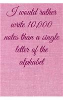 I would rather write 10,000 no single letter of the alphabet: Lined Notebook / Journal Gift, 100 Pages, 6x9, Soft Cover, Matte Finish Inspirational Quotes Journal, Notebook, Diary, Composition Book
