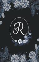 R: Elegant Black & Blue Stylish Floral Monogram Initial R Notebook Blank Lined Paper Journal Gift for Women & Girls