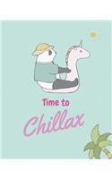 Time to chillax.: Cute cartoon panda notebook, notepad journal or blank book. Adorable cool hand drawn relaxing panda illustration featuring funny cute panda riding g