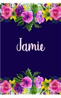 Jamie: Personalized Name Pink Floral Design Matte Soft Cover Notebook Journal to Write In. 120 Blank Lined Pages