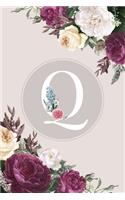 Q: Monogram Initial Q Notebook Elegant Pretty Cute Flowers Blank Lined Paper Journal Present for Women and Girls