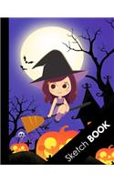 Sketch Book: Awesome Halloween Gifts for Girls and Women: Large Sketchbook For Sketching, Drawing And Creative Doodling, Cute Purple Halloween Girl on Broom