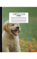 Composition Notebook: Golden Retriever Flowers Photo Design 7.5 x 9.25 in - 110 Pages - Wide Ruled Black Lined Paper Journal - Kids School, Writing, Cute Notebooks for Gi