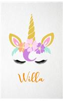 Willa A5 Lined Notebook 110 Pages: Funny Blank Journal For Lovely Magical Unicorn Face Dream Family First Name Middle Last Surname. Unique Student Teacher Scrapbook/ Composition Great