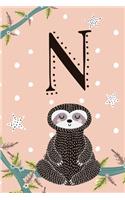 N Sloth Journal: Cute Personalized Monogram Letter N Journal For Girls