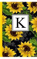 K: Floral Letter K Monogram Personalized Journal, Black & Yellow Sunflower Pattern Monogrammed Notebook, Lined 6x9 Inch College Ruled 120 Page Perfect 