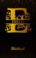 Emelia Notebook: Letter E Personalized First Name Personal Writing Notepad Journal Black Gold Glittery Pattern Effect Cover College Ruled Lined Paper for Journalists