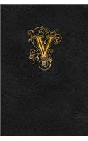 Old English Monogram Journal - Letter V: Elegant Golden Flourish Capital Letter on Black Leather Look Background