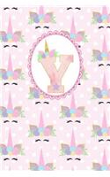 Unicorn Monogram Journal - Letter Y: Pink Letter with a Unicorn Horn and Flowers Accent on a Background of Sleepy Unicorn Faces