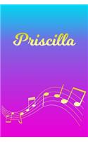 Priscilla: Sheet Music Note Manuscript Notebook Paper - Pink Blue Gold Personalized Letter P Initial Custom First Name Cover - Musician Composer Instrument Com