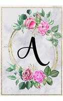 Dot grid Bullet Notebook Journal Gold Monogram Marble with Roses - Letter A - Pretty Journal for women, girls, kids and teens