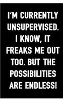 I'm Currently Unsupervised. I Know, It Freaks Me Out Too. But the Possibilities Are Endless: Funny Journal for Men and Women to Write In, 100 Blank Lined Pages, 6x9 Unique Adult Diary, Ruled Composition Book, Humoristic Gag Gift