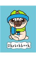Sketchbook: Cute Pug Dog With Scalf & Hat, Large Blank Sketchbook For Kids, 110 Pages, 8.5" x 11", For Drawing, Sketching & Crayon Coloring(Drawing Books for Kids)