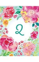 Q: Initial Journal, Monogram Notebook. Pink Teal Watercolor Floral, 8.5 X 11, Dotted, Softcover