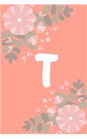 T: Monogram Initial A Notebook for Women and Girls, Pink Floral 6 x 9
